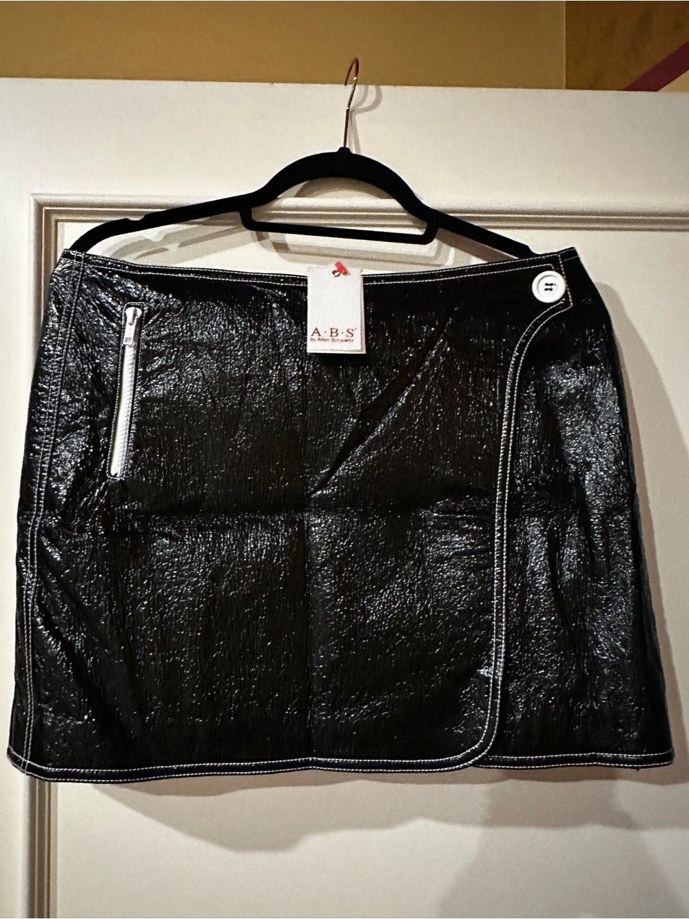 ABS Allen Schwartz Black Faux-Leather Mini Skirt with White Topstitching